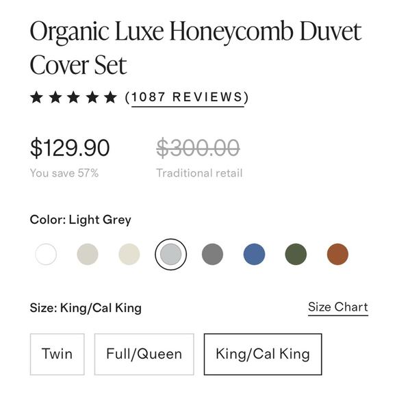 Quince Organic Luxe Honeycomb Duvet Cover Set Light Grey Size King/CalKing - Picture 7 of 9